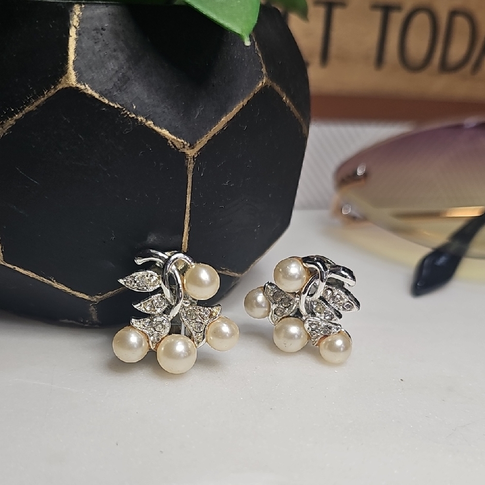Marvella Silver Rhinestone and Faux Pearl Cluster Clip Earrings